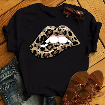 Leopard Ljubezen Srce Tiskanih T Shirt Nove Ženske Modni T Ženska Majica Kratek Rokav Priložnostne Vrhovi Black Tee Majice Ženske Srčkan T-shirt