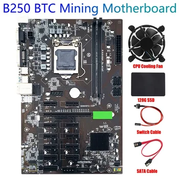 B250 BTC Rudarstvo Matično ploščo 12 PCIE Kartico LGA1151 s SATA SSD 128G+Hladilni Ventilator+SATA Kabel+Switch Kabel Podporo DDR4 VGA