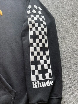 Vintage Black RHUDE Gorskih Hoodie Moški Ženske 1:1 Visoke Kakovosti Rokav Checker Logotip Rhude Hooded zgornji del Trenirke Puloverji