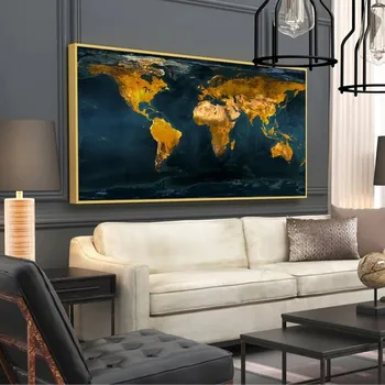 Zlati Svetovni Zemljevid, Platno, Slike, Plakate in grafike Wall Art Slik, Dnevna Soba Plakatov in Fotografij Cuadros Doma Dekor