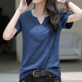 2021 Nove Bombaž Majica Ženska Poletje Moda O Vratu T-shirt Kratek Rokav Ženska korejskem Slogu Plus Velikost Rokavi Ženske Majice