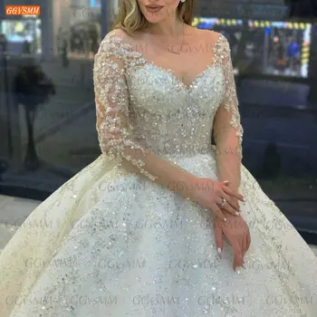 Sparkly Kristalno Poročno Obleko Z Dolgimi Rokavi 2021 Vestido De Noiva Čipke Pageant Beading Poročne Oblek Po Meri Narejene Hochzeitskleid
