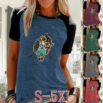 Poletje Moda za Ženske Priložnostne SOVA Natisnjeni T-shirt Ohlapno okoli Vratu Plus Velikost Kratek Rokav Bluzo Preplete Vrhovi