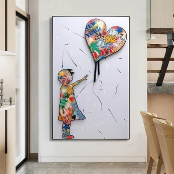 Bansky Grafiti Umetnost Platno Barvanje Dekle z Balonom Wall Street Art Poster Tiskanje Dekorativne Slike Dnevna Soba Dekor