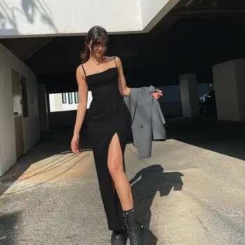 Moda zanko elegantno nabrano obleko novo oprijetim split seksi notranje ujemanje boginja slog dolgo obleko za ženske črna obleka