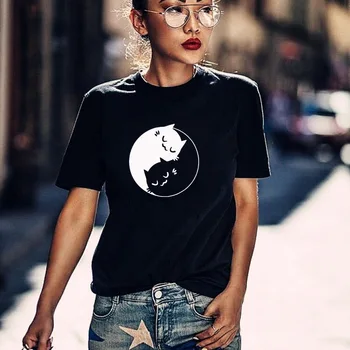 Yin Yang Mačka Smešno T Shirt grafični tumblr ženske tees Smešno Novost Darilo za Rojstni dan Prisotni Božič poletje bombaž vrhovi spusti ladje