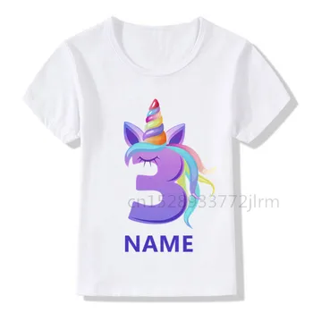 Otroci Rainbow Unicorn Rojstni dan Številko, Ime Majica s kratkimi rokavi Otroci T-shirt Fant Dekle Darilo Tshirt Predstavi Družino Obleko