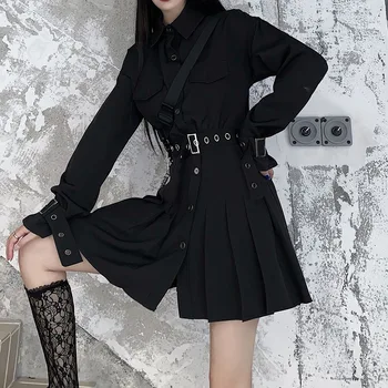 Nove Modne Ženske Črno Obleko Temne Retro Gothic Suh Enotni-zapenjanje Long Sleeve Solid Obleko Spadajo Oblačila Za Ženske