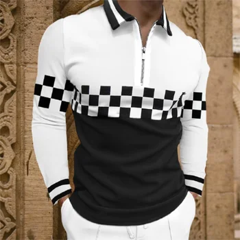 Nova Moda Mozaik Majica Polo Moški 2021 Pomlad Jesen Ulične Kakovosti Priložnostne Zadrgo Design Dolg Rokav Vrhovi Moških Oblačil