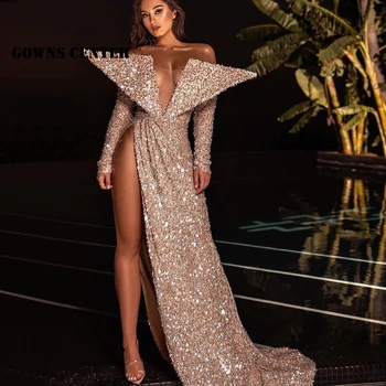 Sparkly Bleščica Večer Dressses Dolg Luksuzni Seksi Visoko Slirt Prom Stranka Obleko Obleke Vestidos