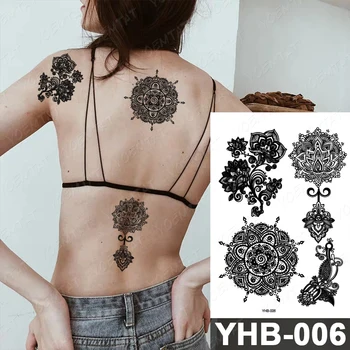 Črno Bel Indijski Nevesta Henna Mandala Začasno nepremočljiva Tattoo Nalepke Lotus Mehndi Čipke Cvet Ponaredek Body Art Za Ženske