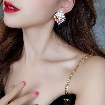 2019 vroč modni nakit preprost kvadratnih luksuzni kristalno stud, uhane, Zlate kovin uhani za Dekleta, darilo za žensko