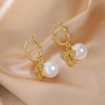 Koreaanse Kristalno Pearl Stud Oorbellen Voor Vrouwen Eenvoudige Boog Kleine Oorbel Način Oor Sieraden Huwelijkscadeau