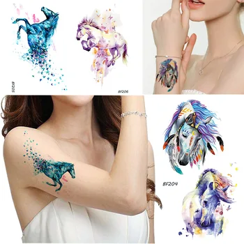 Modra Akvarel Konj Začasni Tattoo Ženske Metulj Pero Nepremočljiva Ponaredek Tatoos Body Art Samorog Roke DIY Tattoo Nalepke