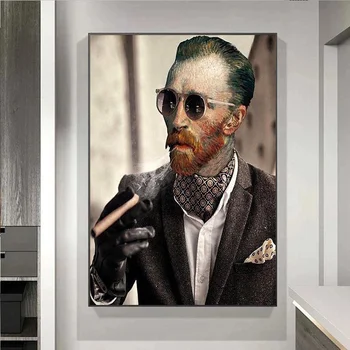 Smešno Art Van Gogh s sončna Očala Kadi Cigare Plakatov in Fotografij Platna Slike Wall Art Slik, Dnevna Soba Dekor